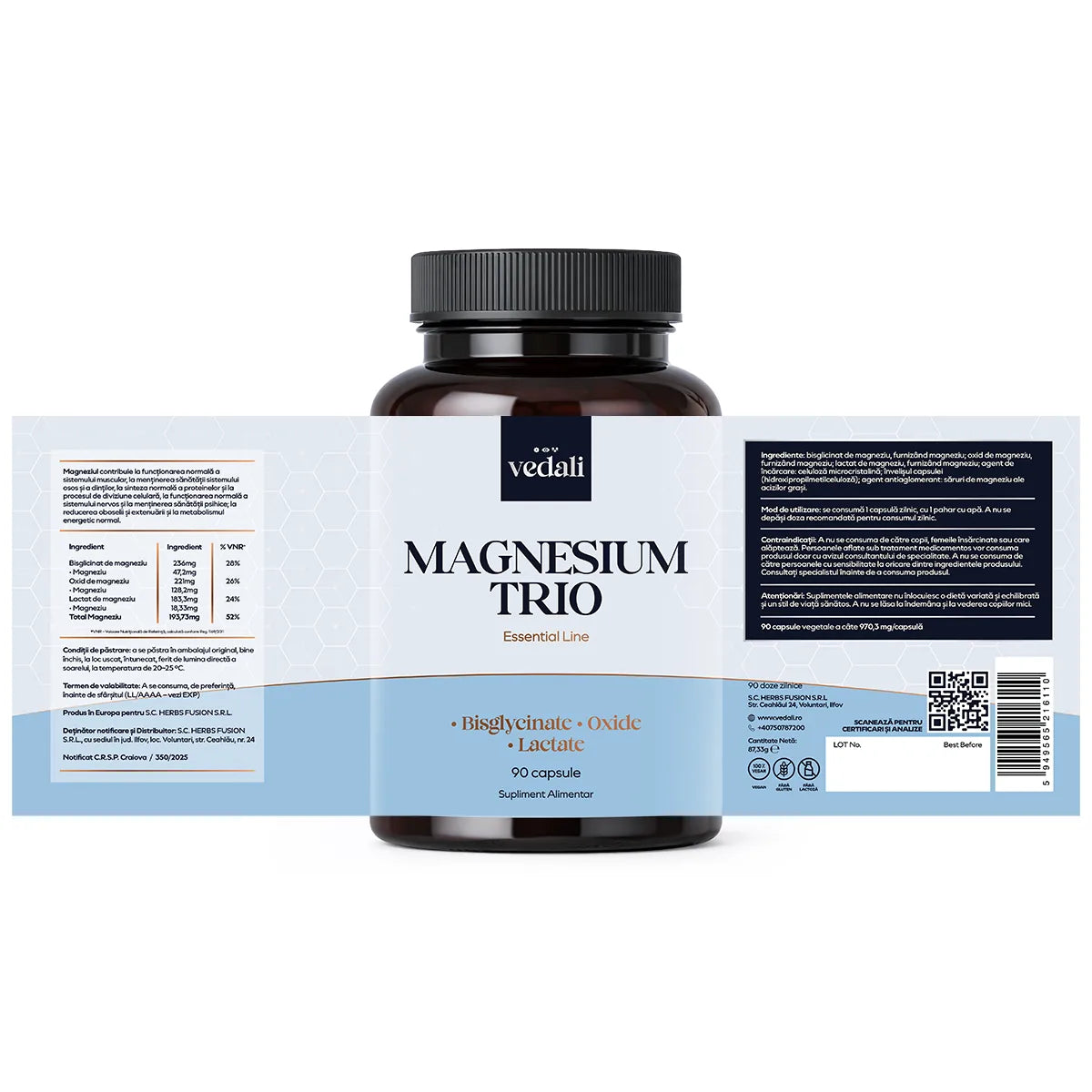 Eticheta completă Magnesium Trio, cu tabelul de ingrediente